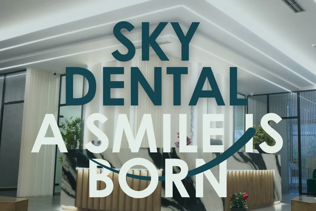 Skydental Tirana — la reception della clinica con l'insegna Sky Dental