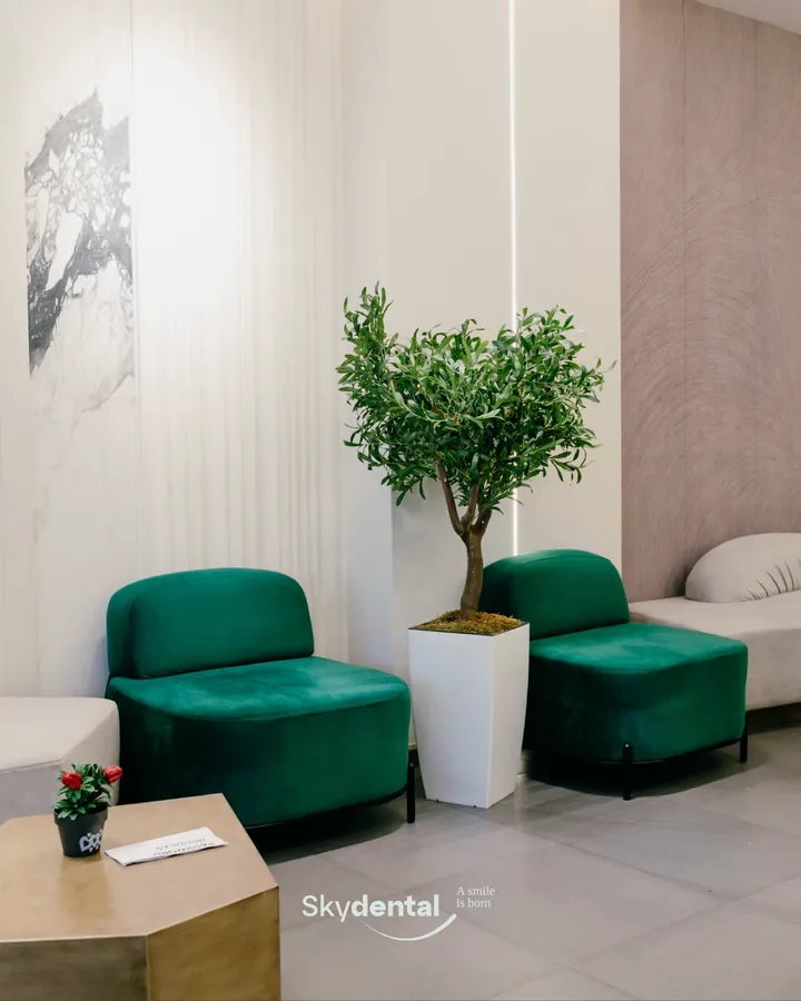 Angolo della sala d'attesa di Skydental con poltrone verdi e ulivo