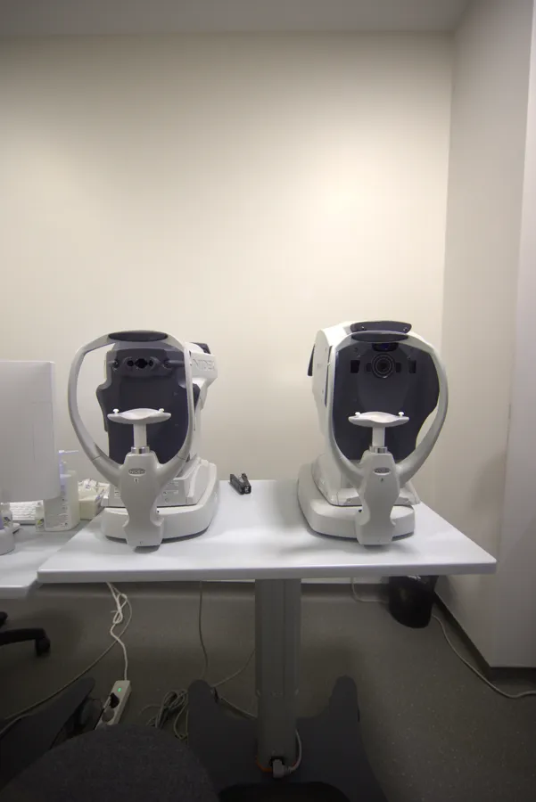 Twin autorefractors in the diagnostics room at Universal Eye Hospital, Tirana